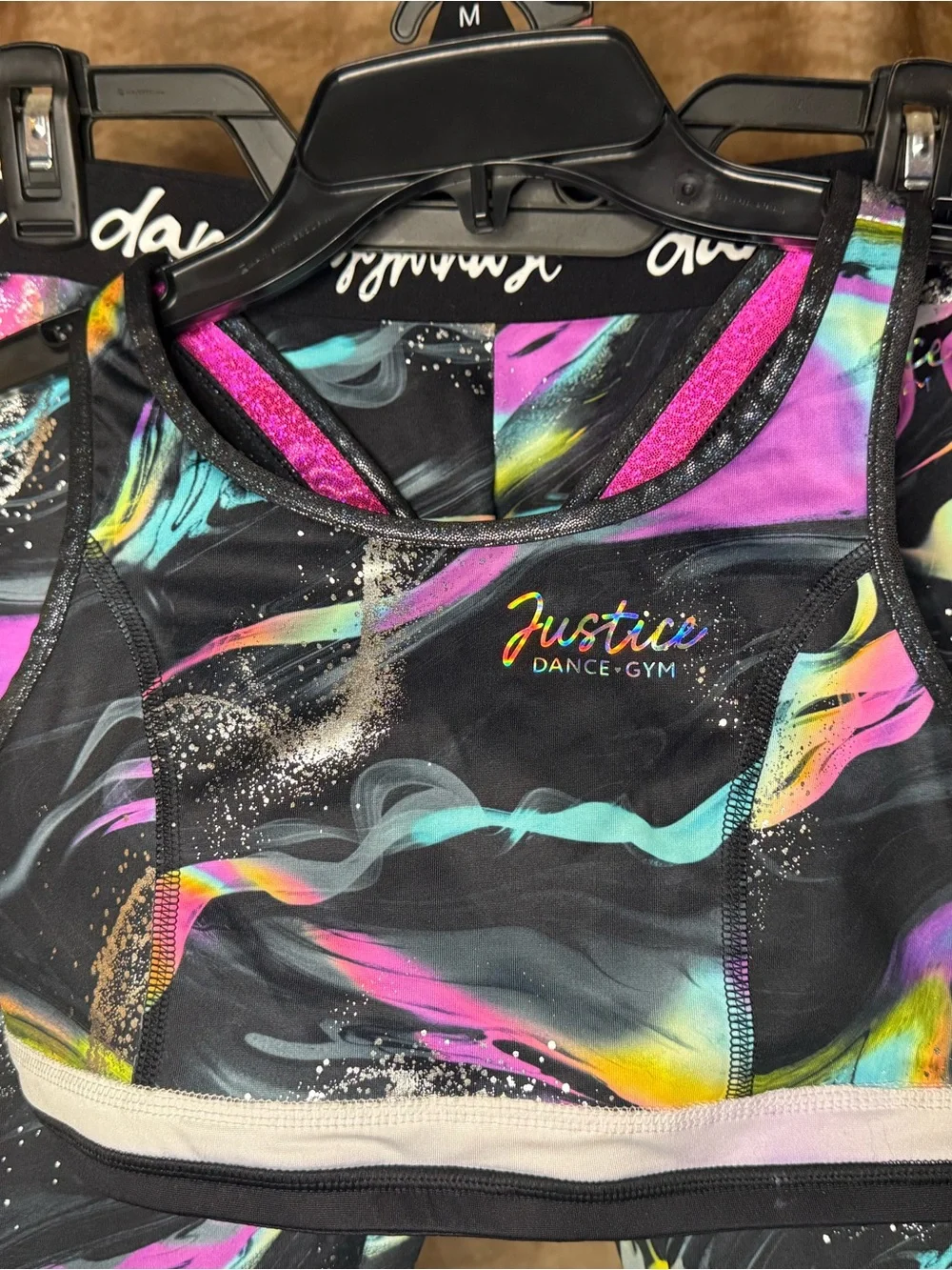 Justice Black Neon Marble Print Leggings and Sports Bra Set